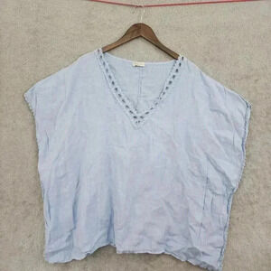 Bellambia Light Blue Linen V-Neck Top Kimono Crochet Detail 14CT
